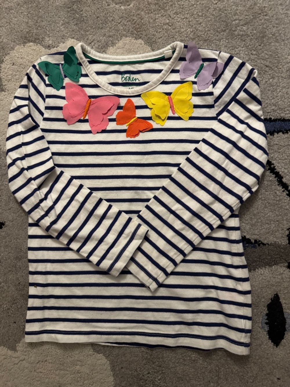Boden Navy & White Stripe Long Sleeve Top with Colorful Butterfly Appliqués